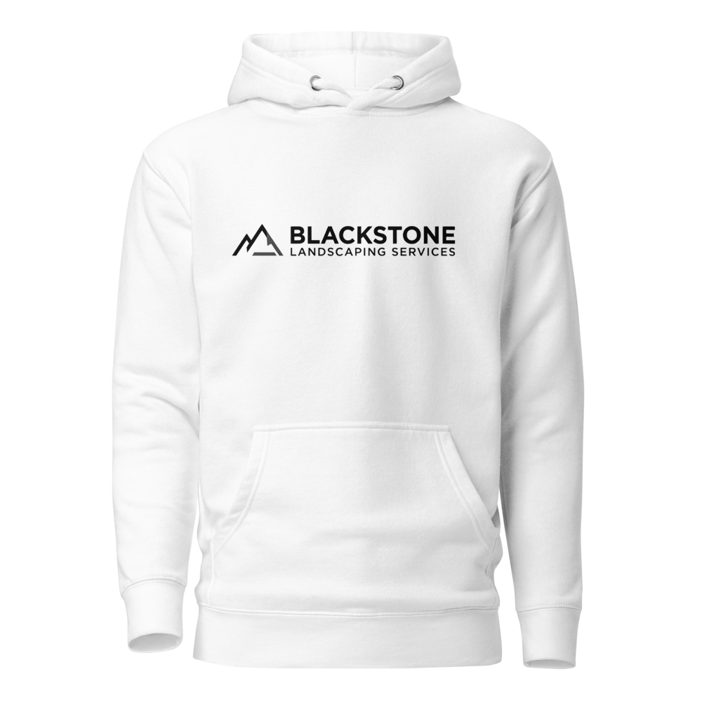 White hoodie with Blackstone Landscaping Services logo on chest