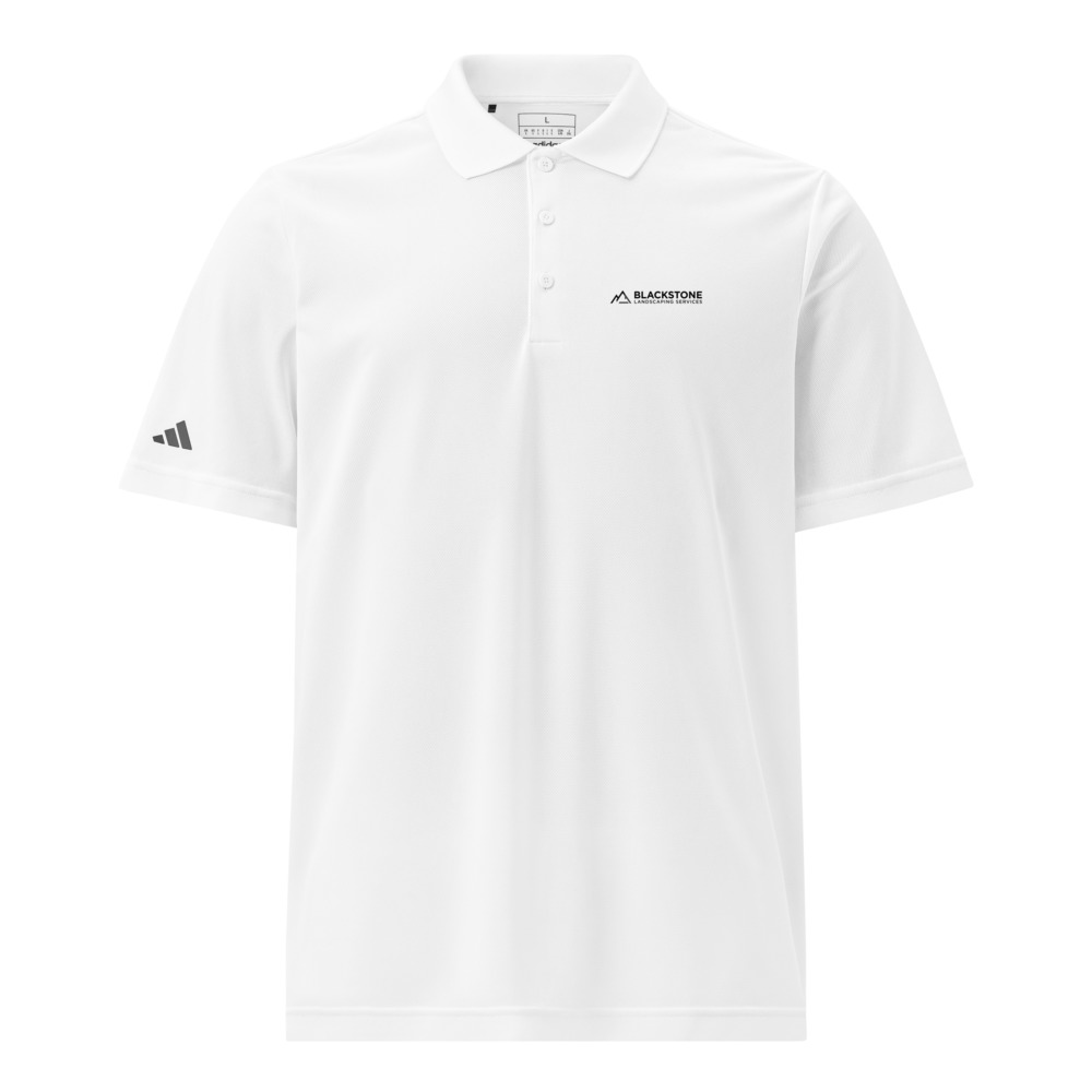 White polo shirt with Blackstone Landscaping Services logo