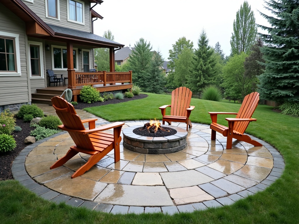 Stone patio and outdoor living space behind a suburban home