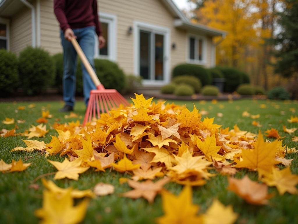 Seasonal yard cleanup with raked leaves on a residential lawn